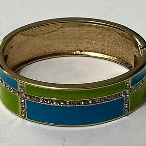 Rare PLAID Color Block Blue and Green Enamel Rhinestone Hinged Bangle Bracelet